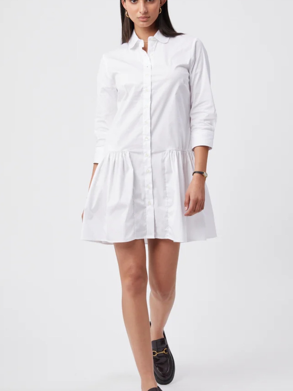 The Shirt by Rochelle Behrens White Gathered Shirt Mini Dress